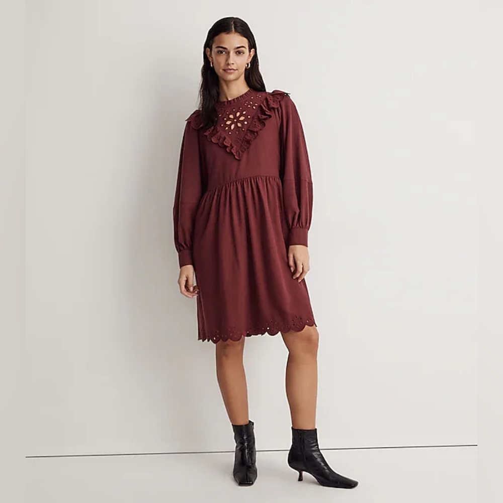 NWT! Embroidered Ruffled Flannel Mini Dress XXS runs large Eyelet long sleeve